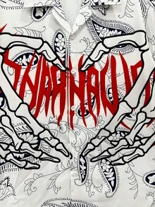 1 件男士花卉休闲沙滩衬衫，夏威夷风格骨手掌爱手势字母印花，中性色，白色，夏装 XS-XXL - 白色 - 查看 2