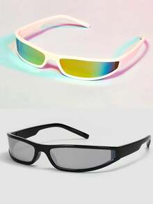 1 Pair Men's Fashionable Y2K Sports Glasses, Mirror Lens, Wrap-Around Futuristic Fashion Glasses, Punk Hiphop Style Narrow Rectangular Frames, Compact Eyewear Suitable For Parties, Driving, Beach, Festivals, Travel, Can Be Paired With Halloween Costumes, Streetwear, Sweaters, Jackets, Hoodies, Leather Pants, Cargo Pants, Great For Summer Beach Vacations, Outdoor Activities And Traveling - Multicolor - View 19