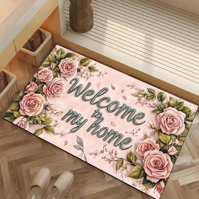1피스 현관 러그, 핑크 장미 환영 모노그램 러그, 폴리에스터 미끄럼 방지 얼룩 방지 소프트 밑창 매트, 실내/실외 현관 바닥 도어매트, 속건 주방 바닥 매트, 세탁실 화장실 발 매트