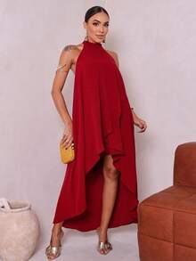 Orange Summer Dress Loose Short Front Long Back Collar Elegant Women's Fashion - 酒紅色 - 查看 3
