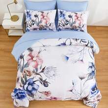 7 Pieces Purple Floral Comforter Sets Full Queen King Bed In A Bag,Elegant Flower Comforter With Sheet Set, Soft Microfiber Bedding Set For Wedding Items,Valentines Day Home Bed Room Decor,Mothers Day Gift,All Season - 藍色 - 查看 3