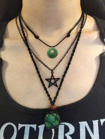 3入組復古哥德風格編織頸鏈,配有可調節的天然石頭和玻璃珠吊墜,網狀黑色,男女均適用