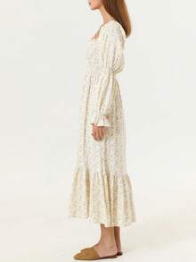Women's Autumn Long Beach Dress Long Sleeve Off Shoulder Solid Color/Floral Dress - 米色 - 查看 2