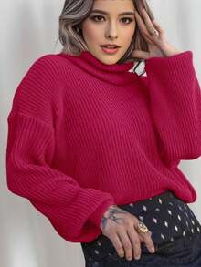 Women's Cold Weather Blouse Turtleneck Knitted Sweater - 玫瑰紅 - 查看 2
