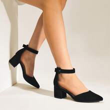 Women Pointed Toe Low Chunky Heels Pumps Ankle Strap Elegant Versatile Simple Shoes