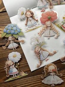 10pcs/Pack Vintage Waterproof Multi-Size PET Girl Sticker Pack, Floral Girl, Cute Cartoon Girl, Cross-Border Stickers For Diary, Planner, Scrapbooking, Decor,School Supplies,Back To School