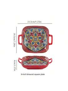1pc Bohemian Style Ceramic Salad Plate With Dual Handles, Oven & Microwave Friendly Baking Dish For Pasta, Colorful Floral Design Tableware