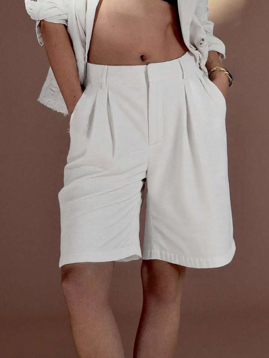 Women's Boho White Summer Casual Cotton High Waist Pocket Shorts, Suitable For Commuting, Vacation, Music Festivals, Bohemian Beach, Daily Wear - White - View 1