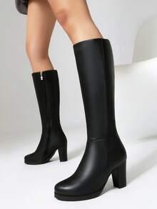 Women's Round Toe Knee-High Boots, Thick Heel, Versatile Casual Wear, Solid Color Retro Style, Suitable For All Seasons - Hitam - View 4