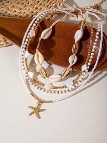 4pcs/Set Bohemian Ocean Style Pearl Beaded Starfish Pendant Necklace Set For Women, Suitable For Beach Party, Gift (Bead & Shell Sizes May Vary)