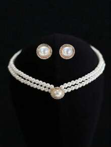 3pcs/Set Elegant Pearl Bow Earrings & Necklace Jewelry Set, Gift For Girl - one-size - View 1