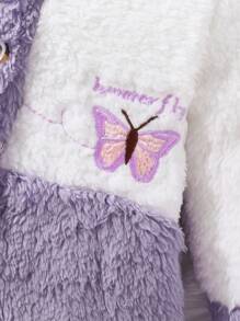 Comfortable And Cute Baby Girl Butterfly Embroidery Color Patch Bow Tie Details Hooded Teddy Bear Jumpsuit, Soft, Comfortable, Warm