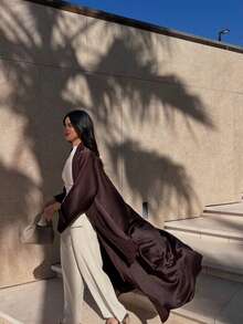 1pc Women Simple Solid Color Cardigan Robe, Comfortable Satin Modest Dress, Elegant Islamic Abaya For Middle East, Arabic Dubai Style, Suitable For Daily, Party, Travel And Holidays, Kaftan - Coffee Brown - View 5