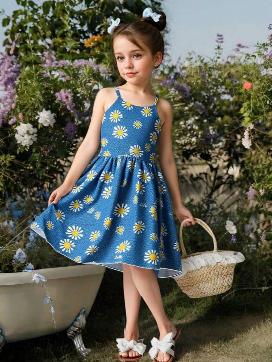 1pc Girls Daisy Floral Print Casual Suspender Dress, Summer Holiday Wear - Blue - View 1