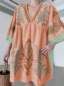 1pc Women Western & Bohemian Style Floral Print Vacation Boho Dress, Suitable For Street, Music Festival, Beach, Summer Casual Outfits