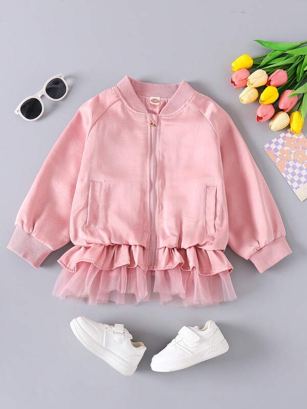 Girls' Satin Flower Decor Baseball Jacket, Fashion Long Sleeve Trench Coat With Flared Hem, Spring/Autumn New Style