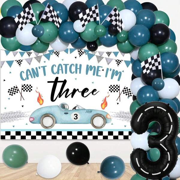 77 piezas Decoraciones de cumpleaños número 3 de estilo vintage de carreras de autos - Kit de arco de globos con diseño de autos de , guirnalda, cartel de "No me puedes atrapar, tengo tres", globo con número 3 y banderas a cuadros para una fiesta de cumpleaños rápida
