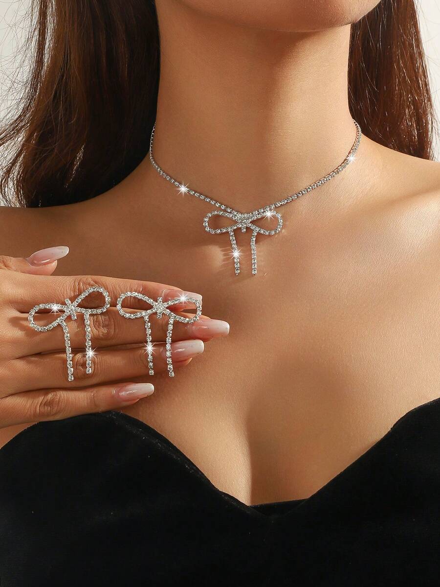 3 件套爪链全水钻蝴蝶吊坠项链和耳环首饰套装，适合女士、派对和新娘 - 銀色 - 查看 1