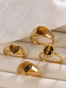 4pcs/Set French Vintage Tiger's Eye Stone Stainless Steel Cocktail Rings For Women, Suitable For Daily Outfit, Festival, Date, Gift - 4 Tiger Eye Rings - View 8