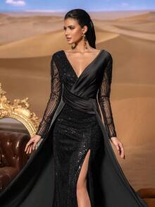 Faeriesty Haute Glamour Luxury Beaded Formal Dress With Deep V-Neck & Sheer Sleeves – Intricate Sequin Accents, Fitted Silhouette & Dramatic Side Slit For Red Carpet Glamour & High-End Events Party Wedding Elegant - Black - View 5