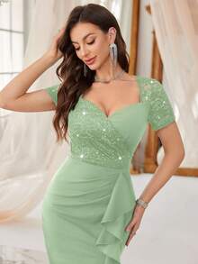 MIUSOL Contrast Color Sequin Floral Lace Sweetheart Neck Ruffle Trim Cocktail Party Bodycon Dress Elegant Summer - Mint Green - View 8