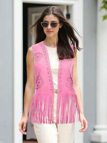 Women's Fringe Faux Suede Vest Casual Open Front Sleeveless Tassel Hippie Jacket