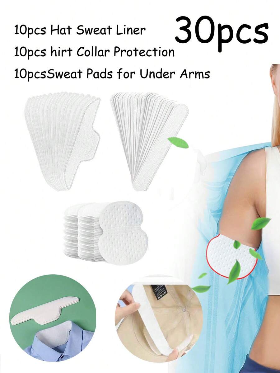 10pcs Sweat Pads For Under Arms And 10pcs Hat Sweat Liner And 10pcs Shirt Collar Protection, Large Armpit Sweat Pads For Women, Disposable Underarm Sweat Pad,Absorbent Cap Pads,Shirt Sweat Liner