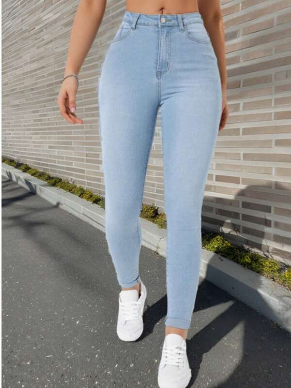 Jeans pitillo de cintura alta para mujer, mallas de cintura alta en lavado claro para uso casual y diario