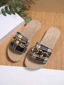 Women's Summer Sandals & Slippers, Rope Sole Slippers, Metal Buckle Decor Slippers, Vacation Style Sandals, Comfortable Slip-On Sandals, Thick Sole Beach Slippers, Printed Home Slippers - Black and White - View 7