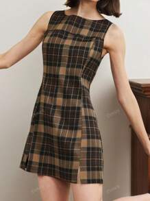 Elegant Plaid Sleeveless Women Summer Casual Mini Dress, Round Neck Checkered Minimalist Short Dress, Slim Fit A-Line Skirt Suitable For Commuting, Office, And Leisure Daily Wear