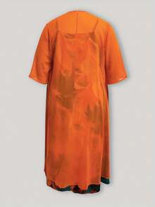 女式加大码优雅 V 领羽毛印花无袖连衣裙，搭配 3/4 袖雪纺开衫两件套服装，适合春季、夏季和秋季