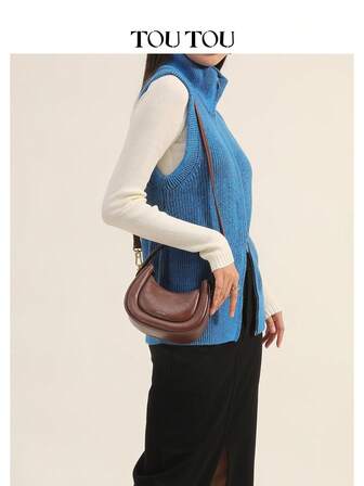 TOUTOU 迷你商务休闲简约复古迷你马鞍包、半月包、棕色 PU 皮革马鞍包、斜挎马鞍包、小马鞍包、百搭奢华设计师风格手提包、秋季手提包、最佳斜挎手提包
