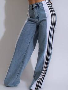 Women Summer Baggy Jeans Pants High Waist Loose Wide Leg Trousers Side Striped Denim Pants Daily Streetwear - Blue - View 5