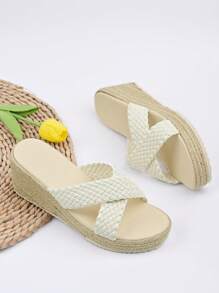 Women's Vacation Platform Sandals With Single Strap & Espadrille Wedge Heel, Plus Size