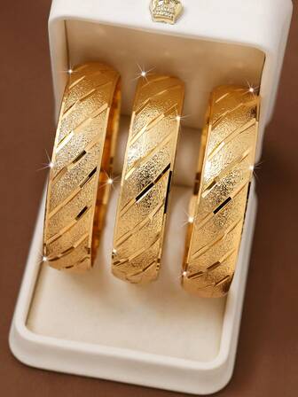 1/2/3 Pcs Sandy-Gold Exquisite Hand-Carved Meteor Shower Beautifully Plated 24k Gold 15mm Wide Bracelets Suitable For Women, Excluding Box