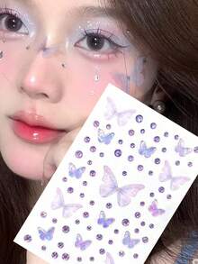 1/4 件蝴蝶脸贴，DIY 脸贴，蝴蝶脸贴，紫色、蓝色、绿色、黄色，多种颜色闪亮贴纸，仿妆贴水钻，适用于音乐节、派对、角色扮演等场合，即时亮妆 - 彩色 - 查看 3