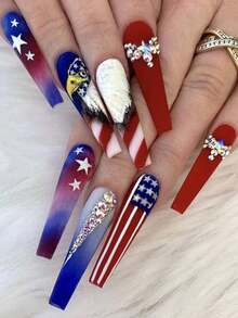 24PCS Independence Day Red Blue White Star Stripe Eagle Rhinestone Long Ballerina Press On Fake Nails Set - Multicolor - View 1
