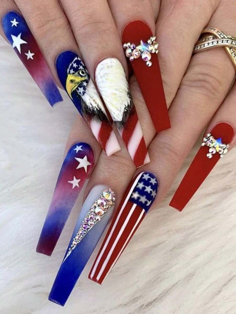 24PCS Independence Day Red Blue White Star Stripe Eagle Rhinestone Long Ballerina Press On Fake Nails Set - Multicolor - View 1