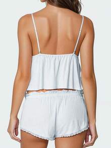 Women's Y2K Summer 2 Piece Pajamas Set Spaghetti Strap Bow Front Ruffle Trim Camisole Crop Tops With Elastic Waist Shorts Lounge Wear 2 Pcs Set - Blue - View 4