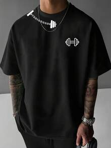 男士户外运动哑铃印花速干透气休闲短袖 T 恤，适合徒步旅行、钓鱼、日常穿着、春夏季 - 黑色 - 查看 1