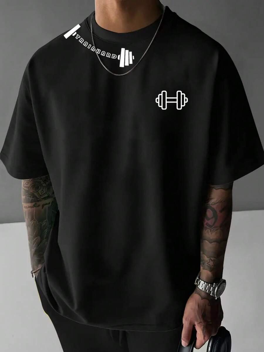 男士户外运动哑铃印花速干透气休闲短袖 T 恤，适合徒步旅行、钓鱼、日常穿着、春夏季 - 黑色 - 查看 1