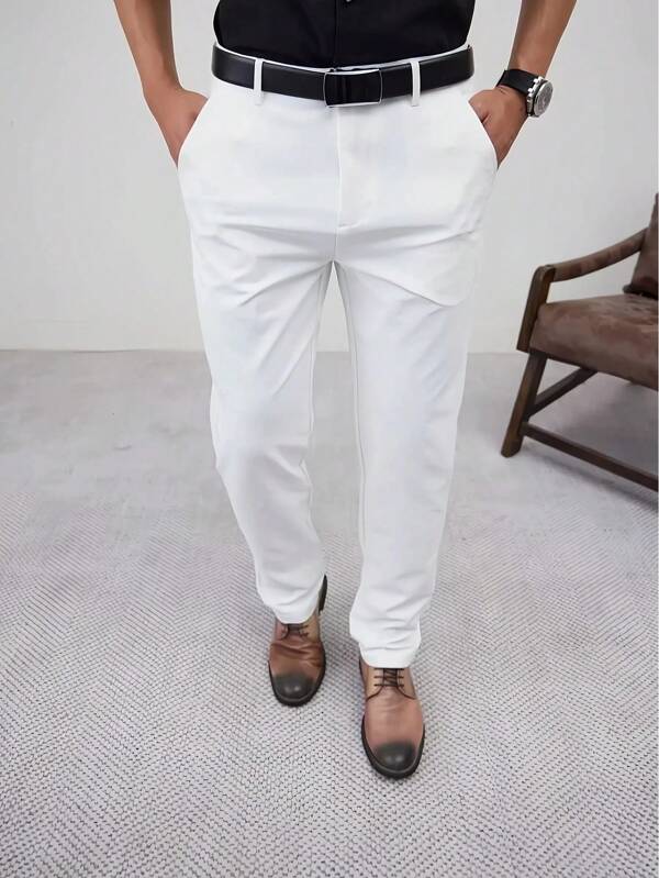Men's Solid Color Business Formal Trousers, Straight-Leg Business Suit Pants, Suitable For Outdoor Casual And Formal Occasions All Year Round