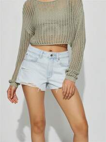 Women's Ripped Denim Shorts Stylish Blue/Black Mid-Rise Jean Shorts For Summer Spring