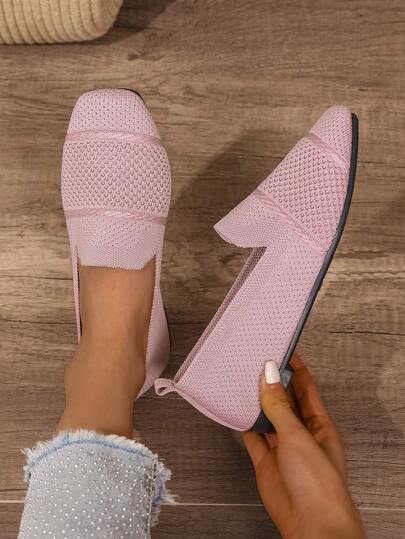 أحذية نسائية مُسطحة مُحبوكة بتصميم مربع للأصابع، أحذية أم مريحة وقابلة للتنفس للربيع والخريف