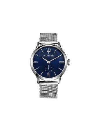 Maserati Epoca 42 毫米男士石英表 - 不锈钢表壳、2 指针（带小秒针）、蓝色表盘、米兰尼斯表带、100 米防水