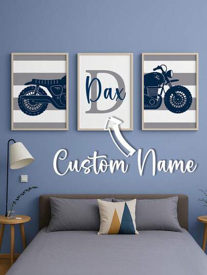 3pcs Personalized Kids Name Wall Art Prints – Room Decoration, Room Decoration Supplies, Pink Room Decor – Boys' Motocross Bedroom Theme, Custom Motorcycle Canvas Poster With Modern Stripe Design