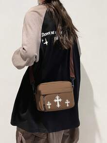 Shoulder Bag, Casual Mini Crossbody Bag, Lightweight Nylon Waterproof Small Square Bag For Daily Use, Bike Riding, Sports, Hiking, Halloween, Gifts For Men/Boyfriend, Black/White, Peach Tree School Supplies - Brown - View 6