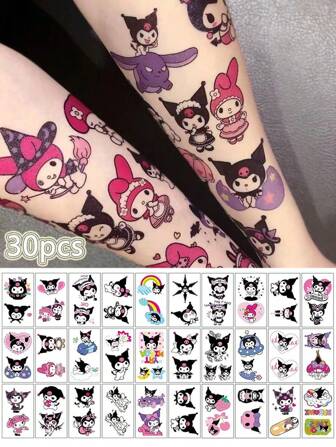 Sanrio 30Pcs Cartoon Hello Kittys Kuromis My Melodys Cinnamorolls Kitty Cat Anime Waterproof Tattoos Stickers Body Art Sticker Decoration Accessories (Some Parts May Be Random) Rave Accessories Holiday Party Decorations