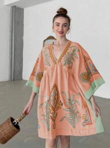 1pc Women Western & Bohemian Style Floral Print Vacation Boho Dress, Suitable For Street, Music Festival, Beach, Summer Casual Outfits