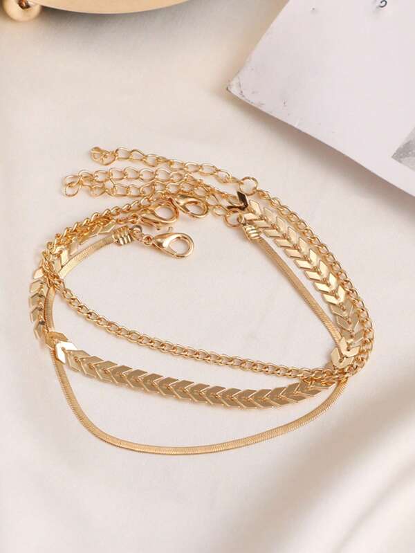 1pc Korean Style Alloy Anklet Set For Women, Fashion 3Pcs Flat Snake Chain & Spikelet Chain Anklet Jewelry